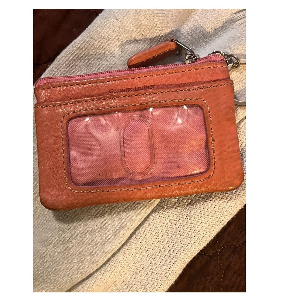 Fossil Genuine Leather Coral Pink ID Wallet Coin Purse Card Holder Key Ring